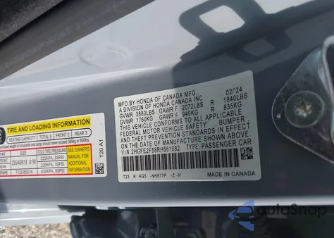 2024 Honda Civic Sport из США, поврежденный, VIN 2HGFE2F58RH561082